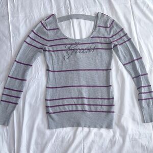 GUESS Vintage Y2K Vibes Grey Purple Glitter Stripe Bling Graphic Sweater…